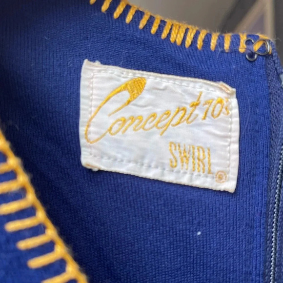 Concept 70s Swirl Maxi Dress with Empire Waist- Navy/Red/Yellow/Orange- Small - Picture 4 of 7